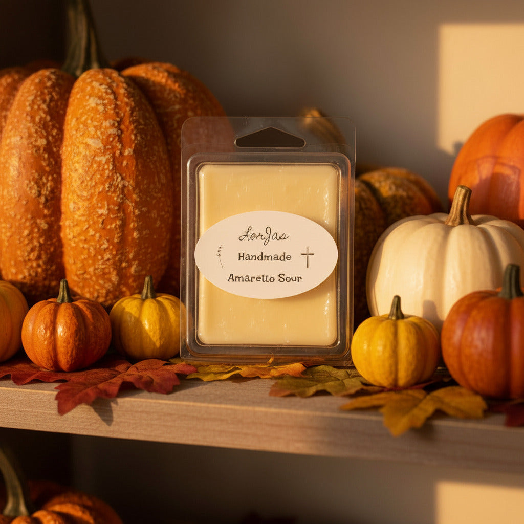 Lor’Jas Handmade Amaretto Sour lightly scented soy wax melt in with pumpkins and leaves on a shelf.