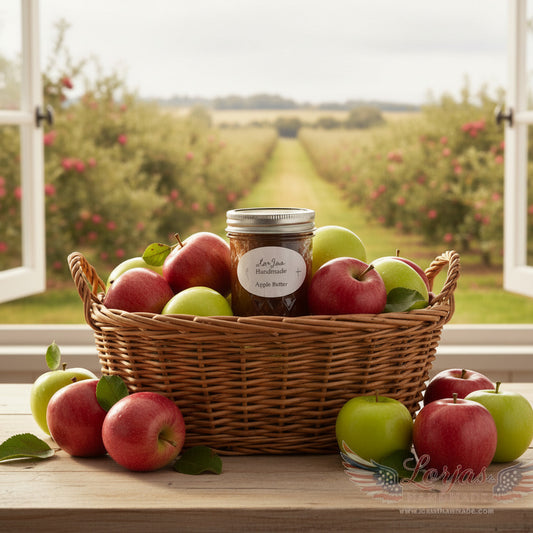 LorJas Handmade Apple 100% organic whole fruit butter on a wooden counter with a basket of fresh apples and an apple orchard viewable through an open window