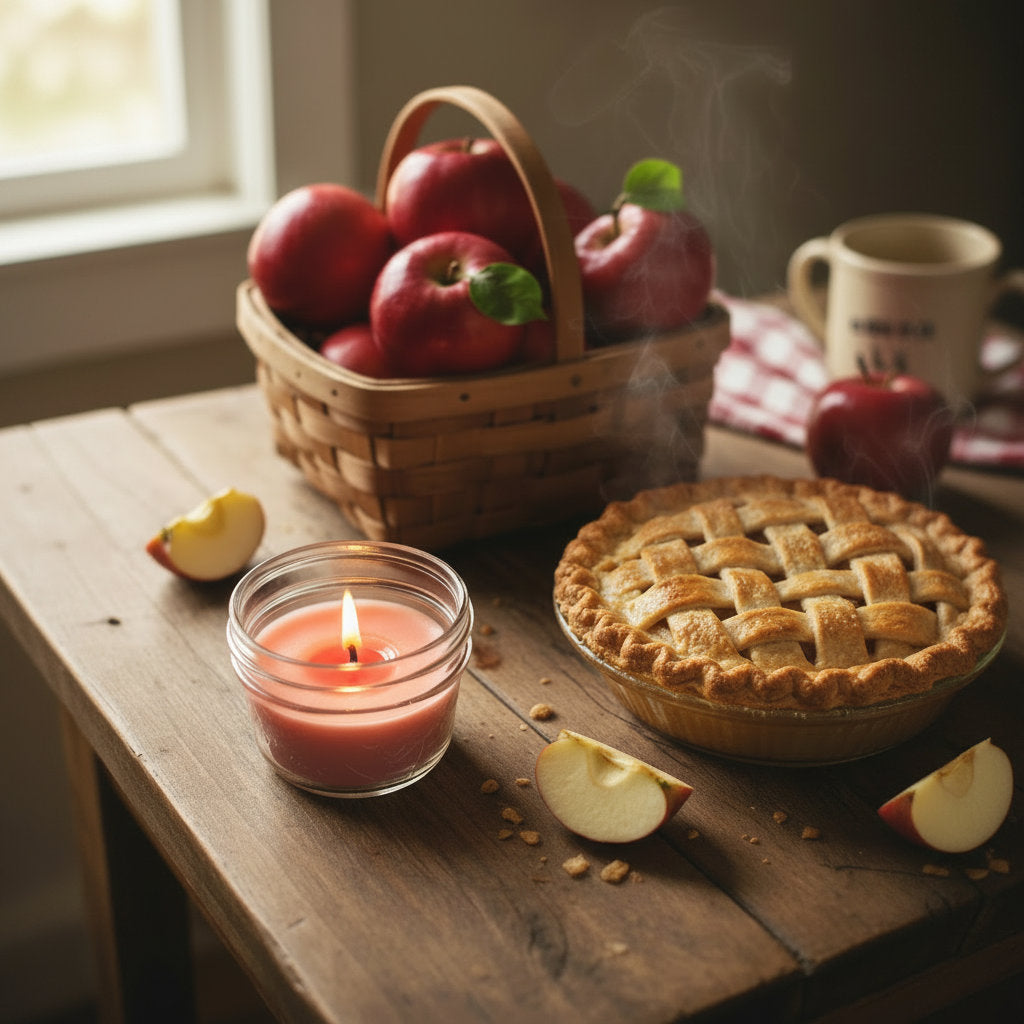 Pleasantly lit LorJas Handmade lightly scented Apple Pie candle beside a basket of fresh apples and fresh-baked apple pie on a rustic wooden table with light shining through a window in the background.