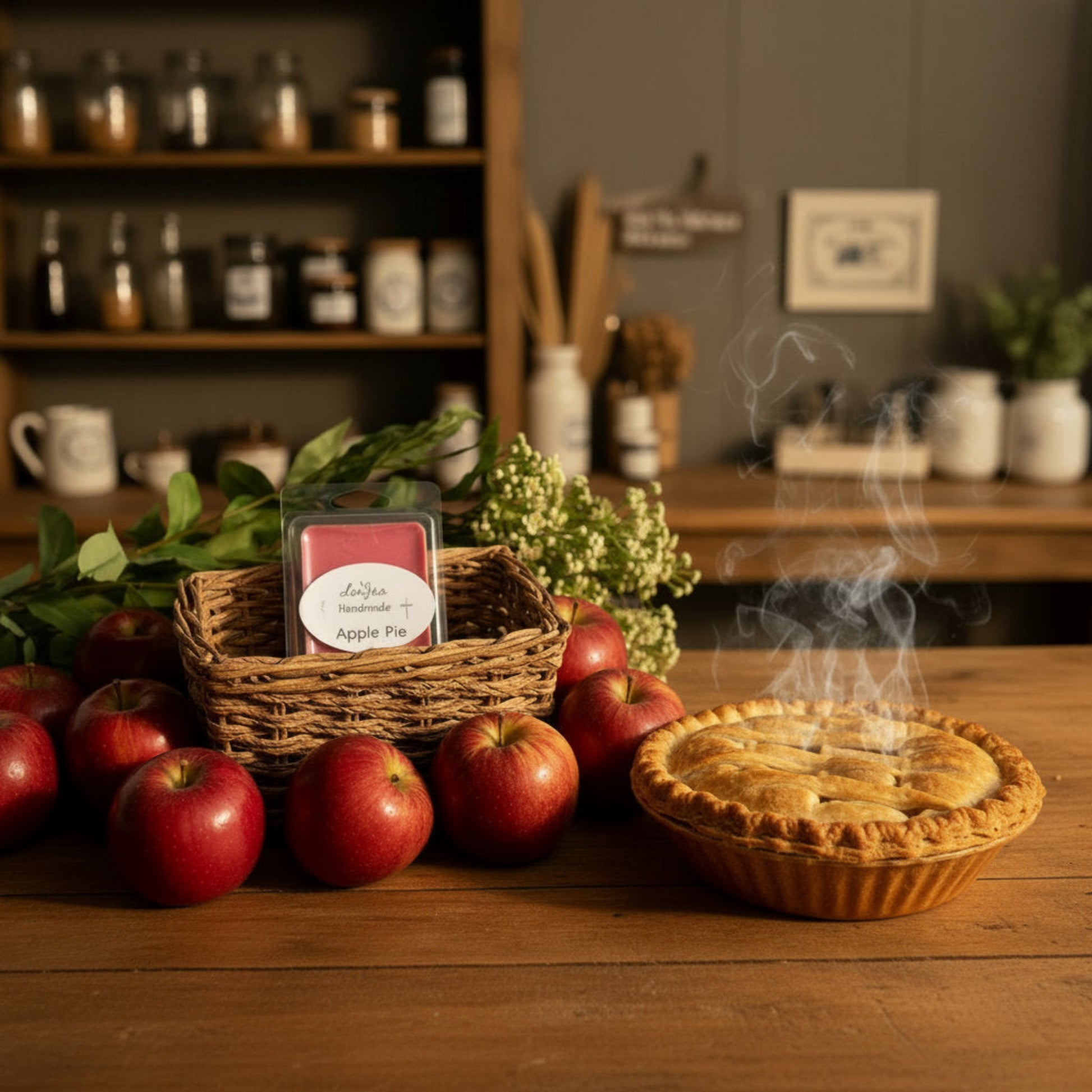 LorJas Handmade Apple Pie lightly scented soy wax melt in a wicker basket with fresh-baked apple pie, ripe apples, and greenery on a wooden countertop in a cozy kitchen setting.