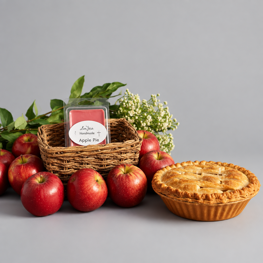 LorJas Handmade Apple Pie lightly scented soy wax melt in a wicker basket with fresh-baked apple pie, ripe apples, and greenery in a light grey studio setting.