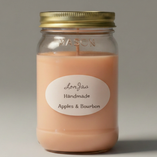 A handmade candle in a clear glass mason jar with a gold metal lid, featuring a peach-colored wax body and a white oval label that reads 'Lor’Jas Handmade Apples & Bourbon'. The candle is photographed on a neutral gray background with a soft shadow.