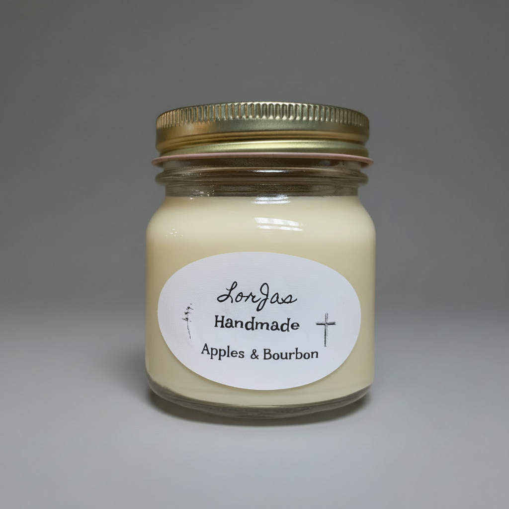 A handmade candle in a clear glass jar with a gold metal screw-on lid and a white oval label reading 'Lor’Jas Handmade Apples & Bourbon.' The candle wax is a warm cream color, photographed against a neutral gray studio background.