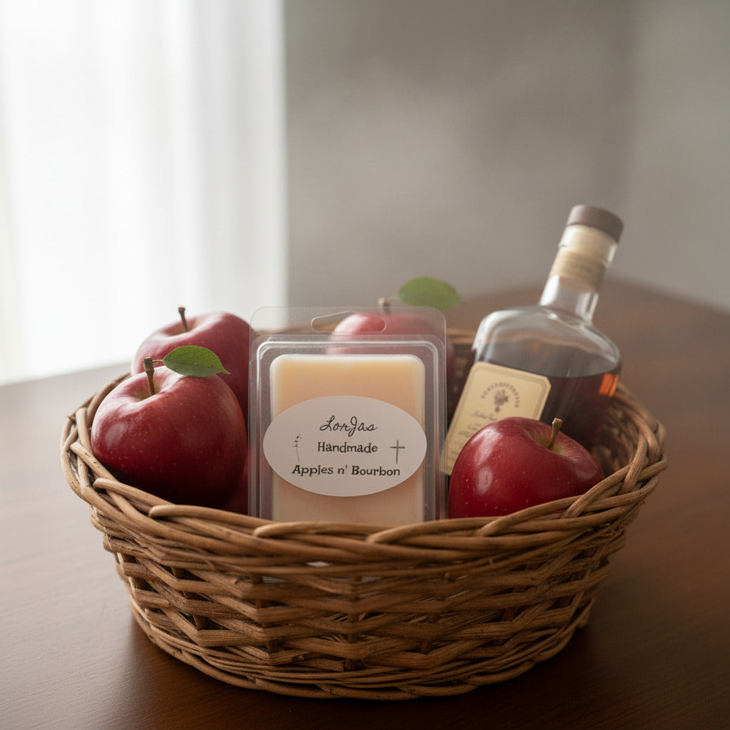 LorJas Handmade Apples n' Bourbon lightly scented soy wax melt in a wicker basket on a wood table with fresh apples and a bottle of bourbon.