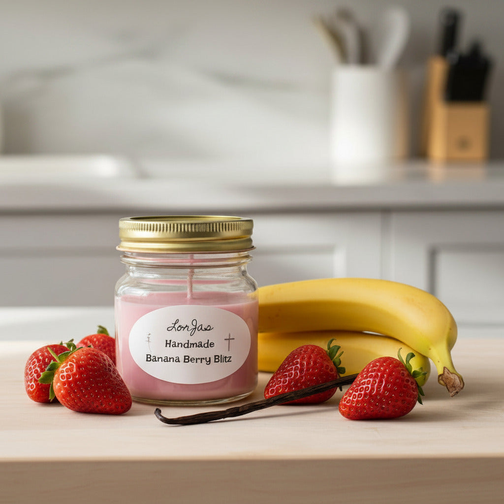 LorJas Handmade Banana Berry Blitz lightly scented soy candle beside fresh strawberries, ripe bananas, and a vanilla bean on a wooden countertop with a blurred kitchen backdrop.