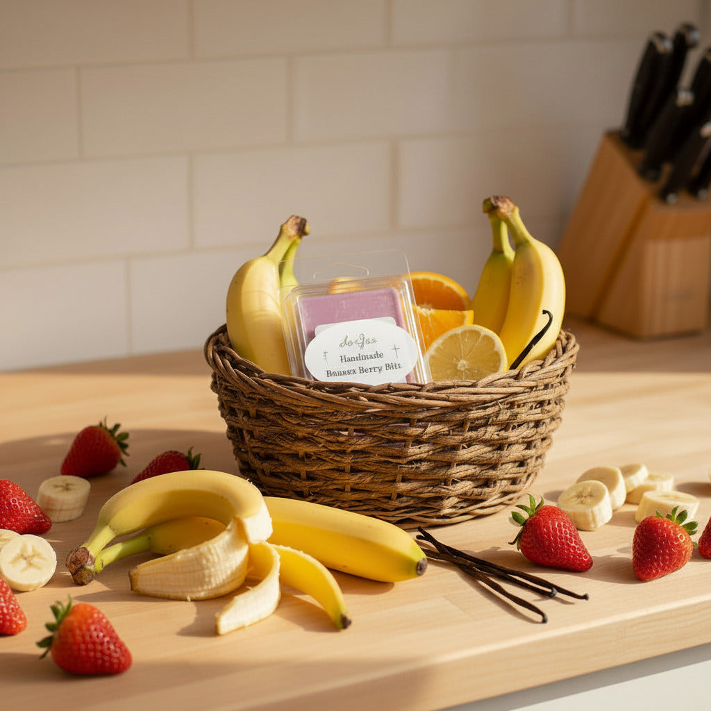A branded LorJas Handmade Banana Berry Blitz scented soy wax melt in a basket with fresh oranges, bananas, strawberries and vanilla beans on a wooden countertop.