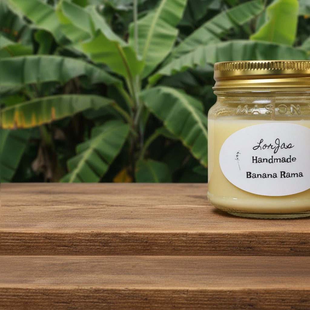 LorJas Handmade Banana Rama lightly scented soy candle on a wooden surface with blurred banana plants in the background.