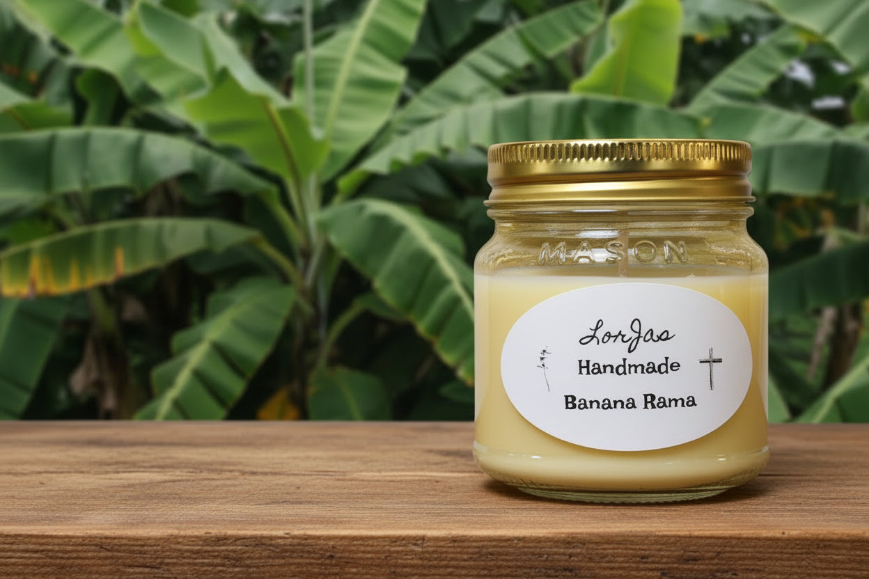 LorJas Handmade 'Banana Rama' candles in glass jars in various   stages of processing with labels on a white surface.