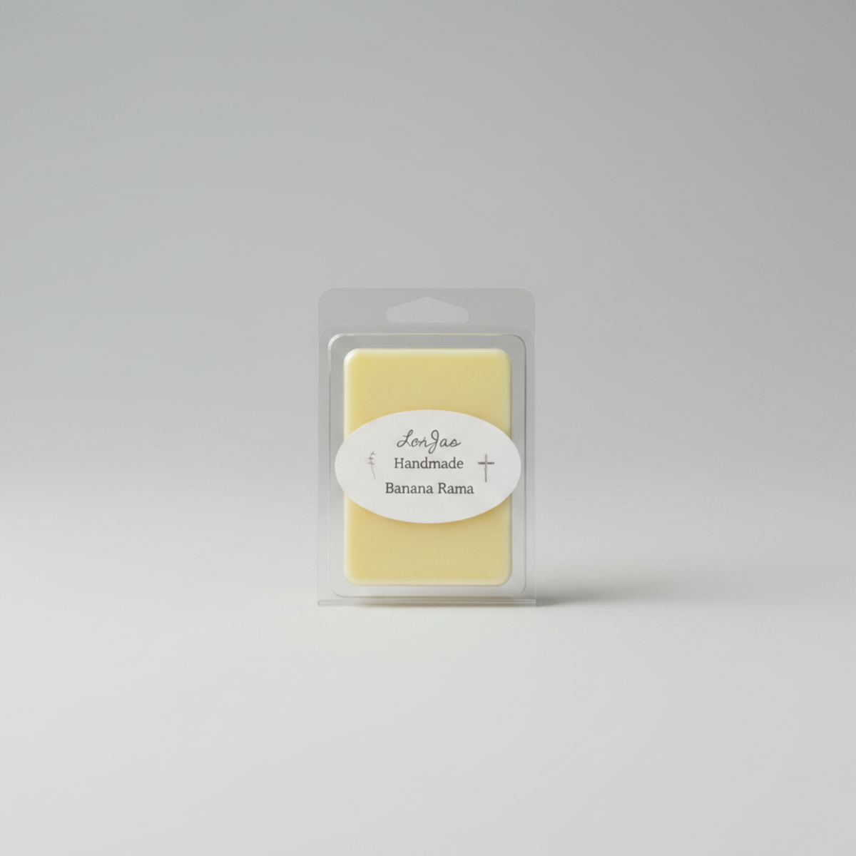 LorJas Handmade 'Banana Rama' scented soy wax melt in plastic clamshell packaging.