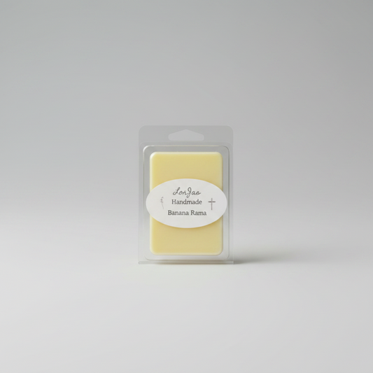 LorJas Handmade 'Banana Rama' scented soy wax melt in plastic clamshell packaging.