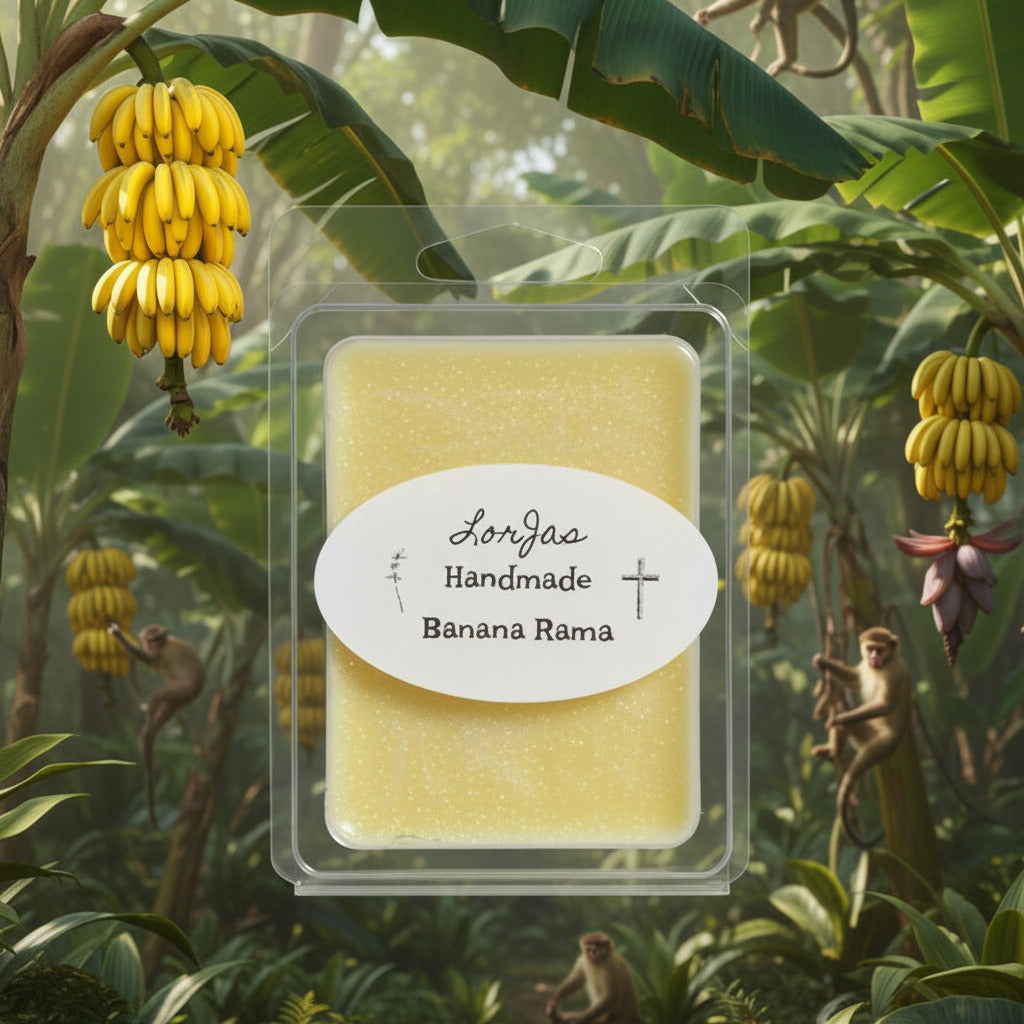 LorJas Handmade Banana Rama lightly scented soy wax melt in a tropical setting with banana plants and squirrel monkeys.