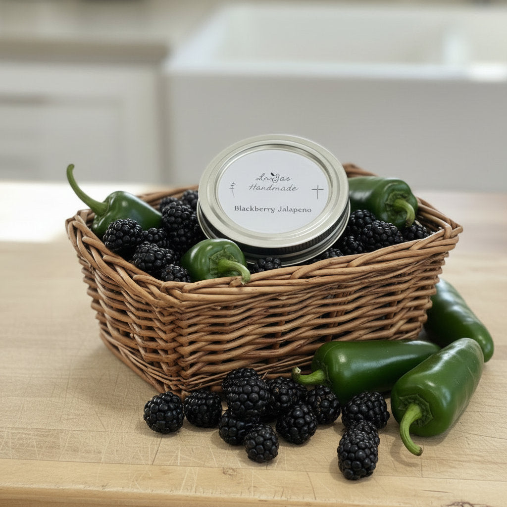 LorJas Handmade Blackberry Jalapeño pepper jelly in a basket of fresh blackberries and green jalapeño peppers on a wooden surface with a blurry kitchen background.