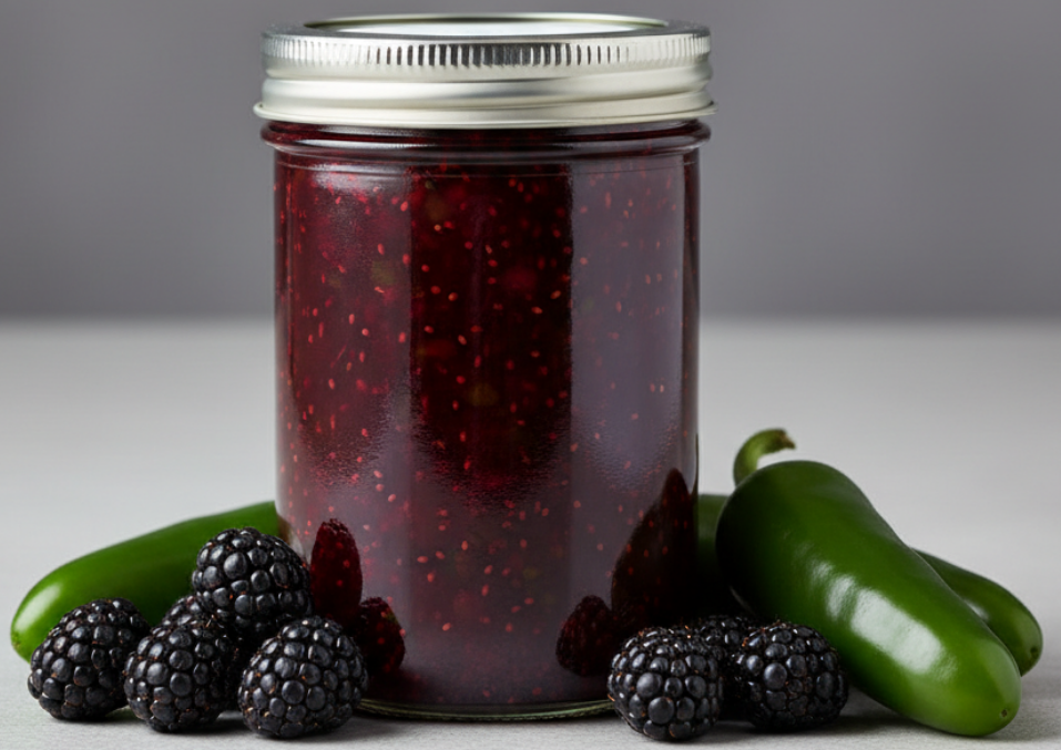 LorJas Handmade Blackberry  Jalapeño pepper jelly with fresh blackberries and green jalapeño peppers with a studio backdrop.