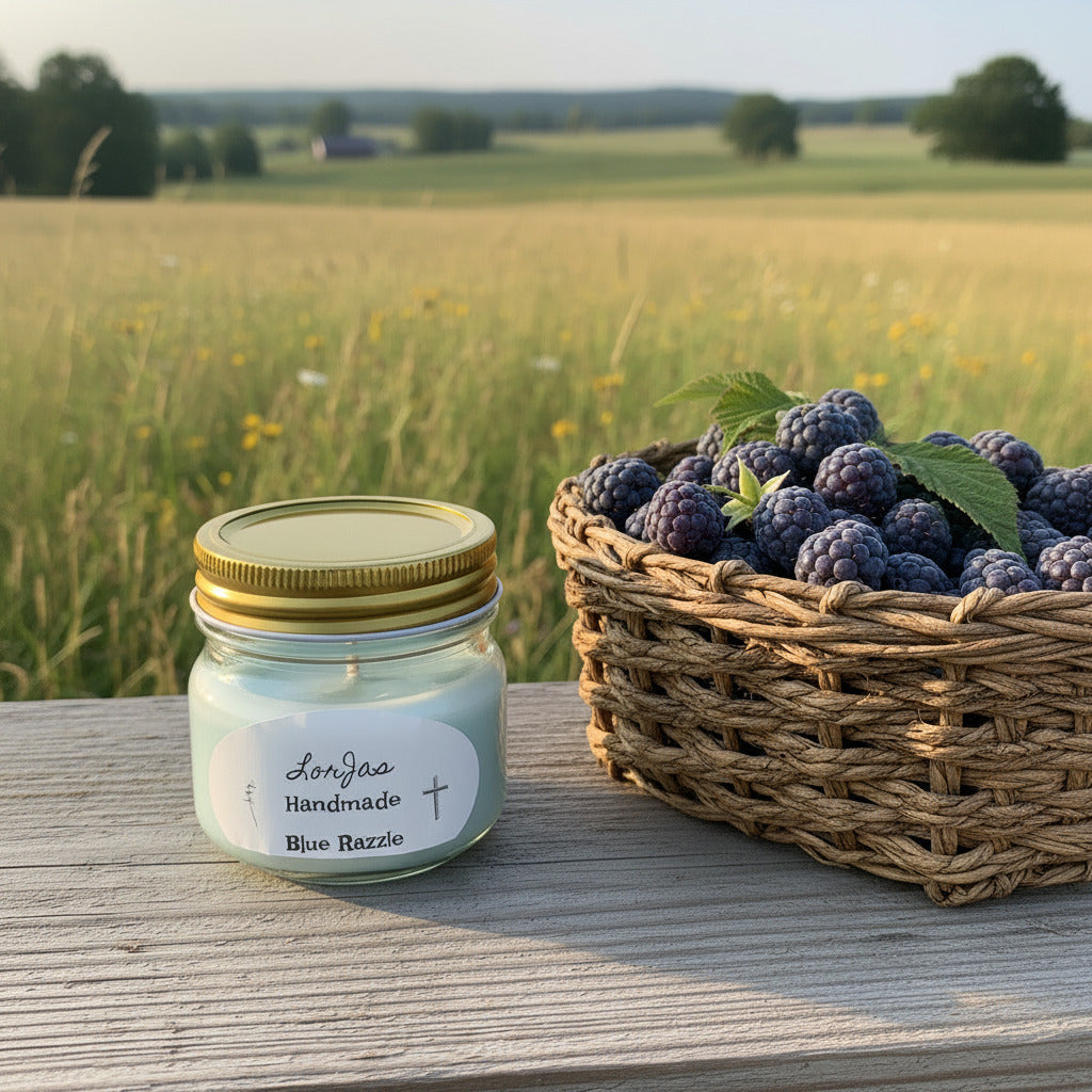 LorJas Handmade Blue Razzle lightly scented soy candle on woodgrain bench beside a basket of fresh blue raspberries with a grassy country field in the background.