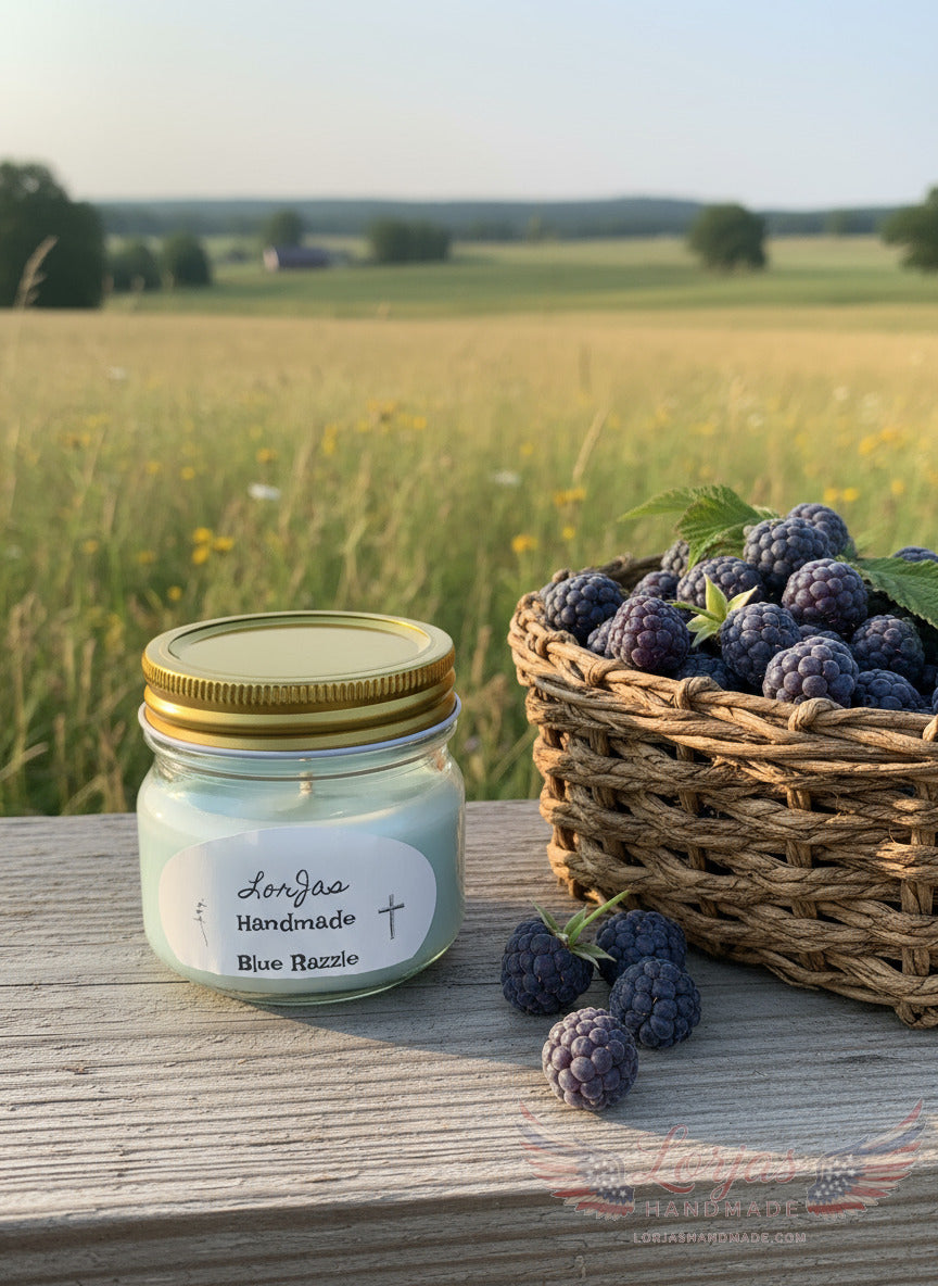 Naturally organic soy 'LorJas Handmade Blue Razzle' scented candle