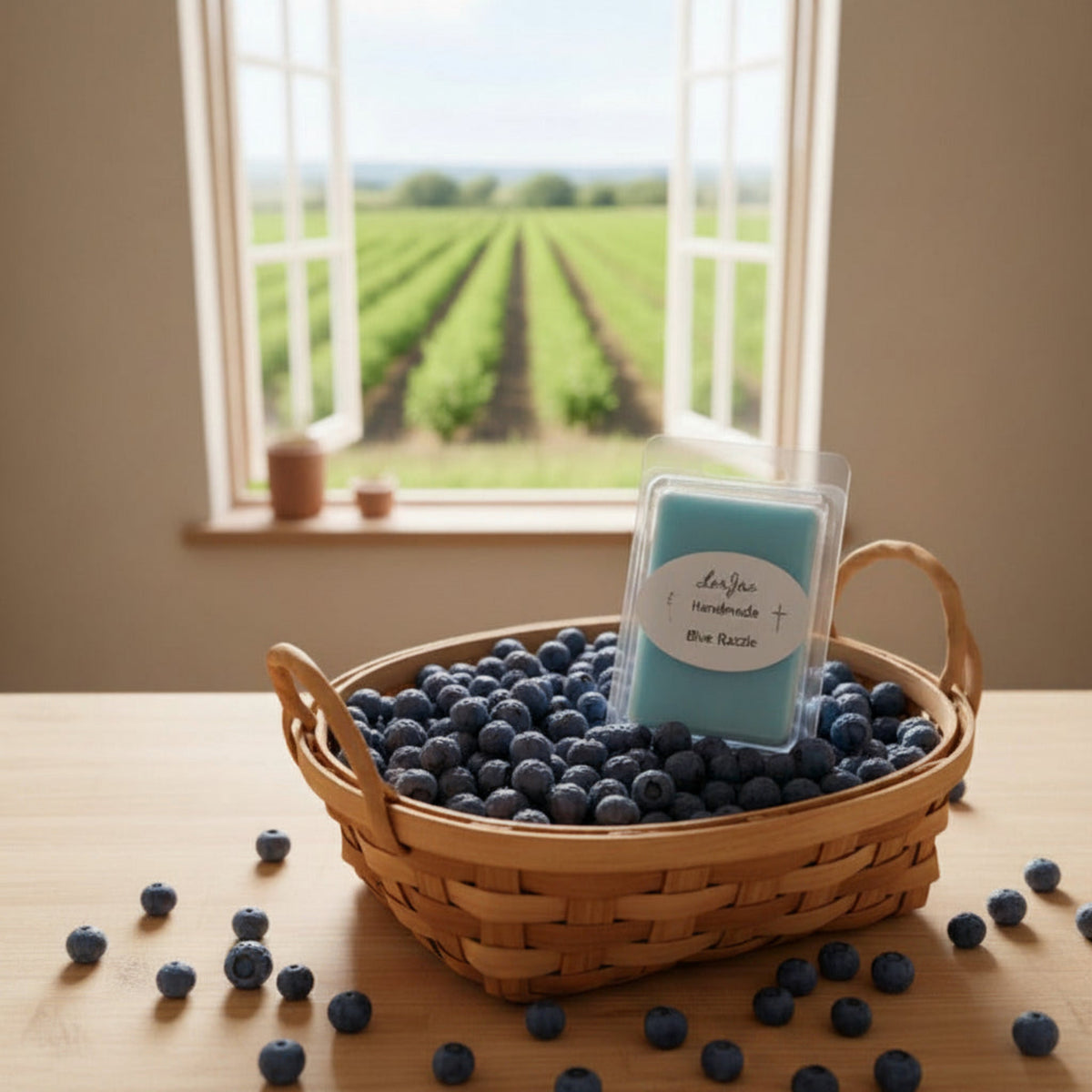 LorJas Handmade Blue Razzle lightly scented soy wax melt in a wicker basket of blueberries on a wooden counter with a few spilled blueberries in front of a window with a vineyard view.
