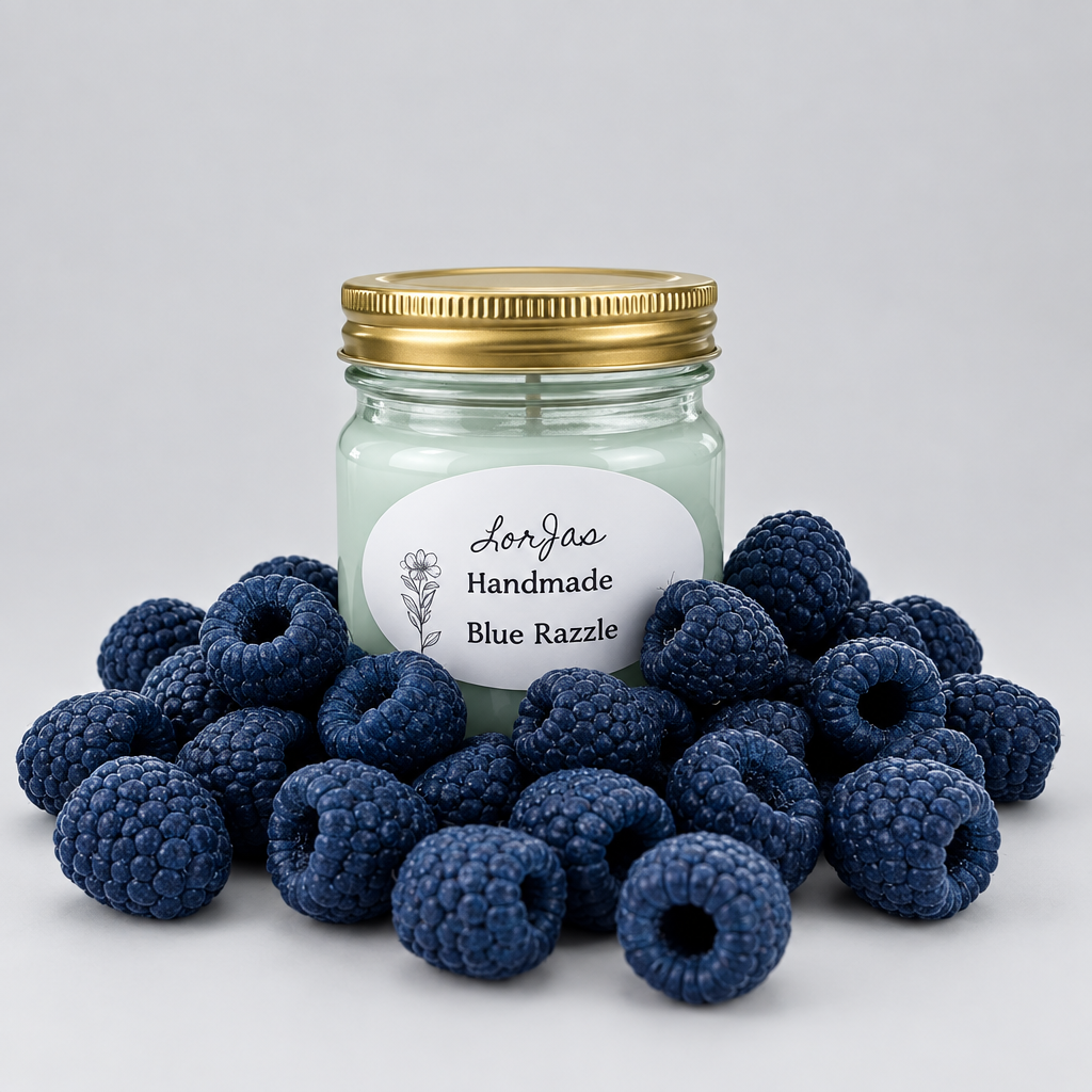 A glass jar candle with a gold metal lid and a white label reading 'Lon'Jas Handmade Blue Razzle' is surrounded by a pile of dark blue blueberries on a light gray background.