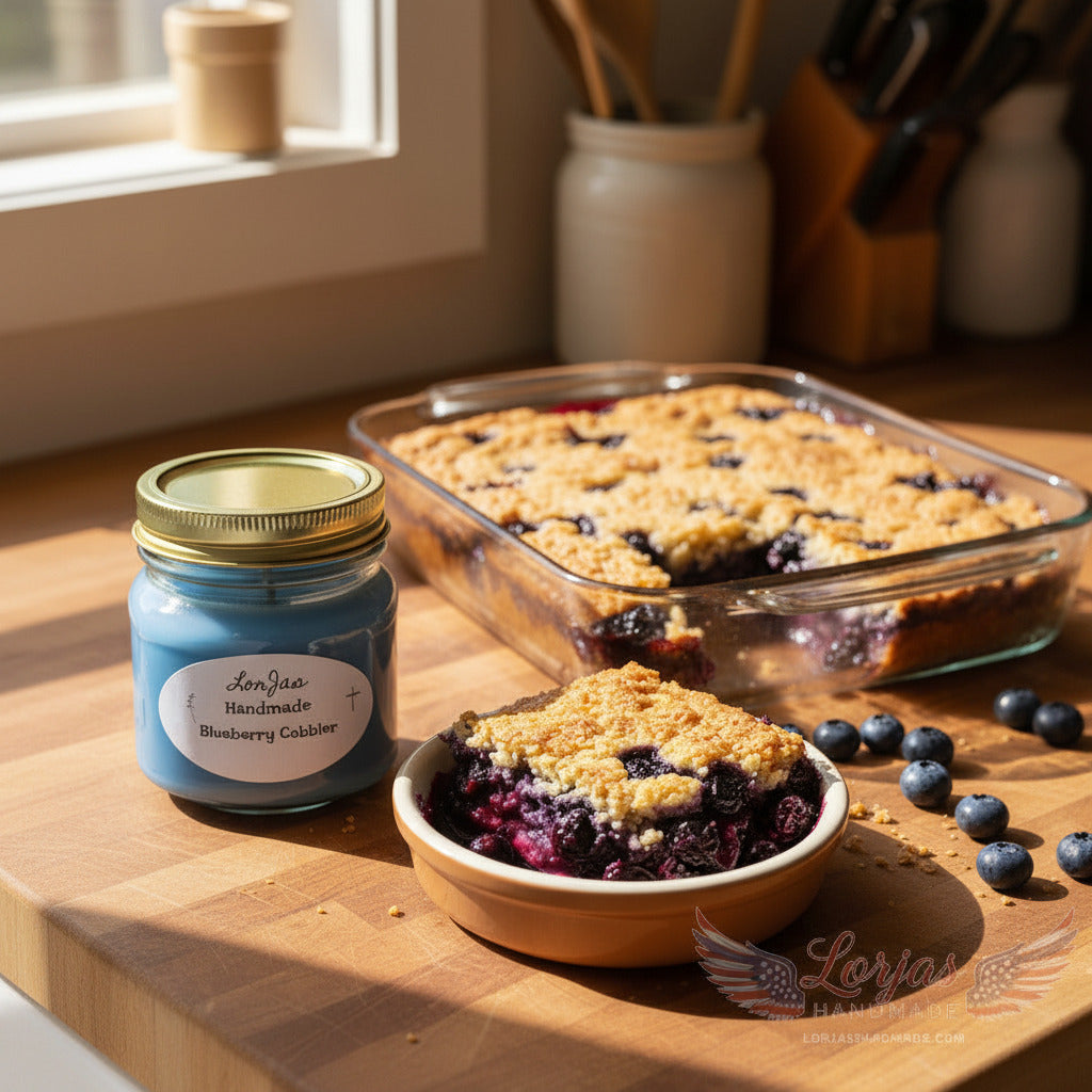 LorJas Handmade Blueberry Cobbler lightly scented soy candle beside freshly baked blueberry cobbler and serving of blueberry cobbler in glass platter on a kitchen countertop.