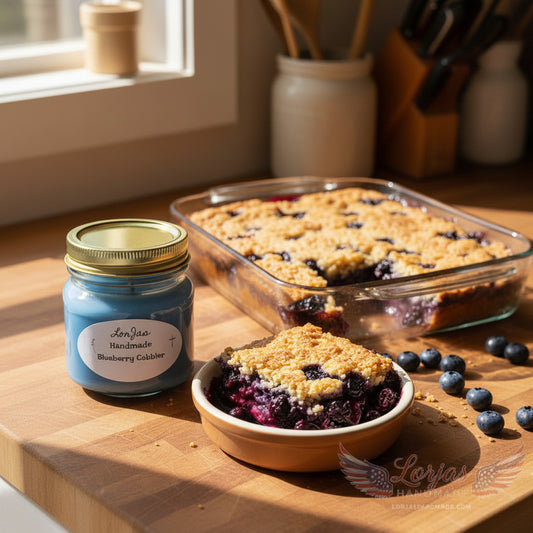 LorJas Handmade Blueberry Cobbler lightly scented soy candle beside freshly baked blueberry cobbler and serving of blueberry cobbler in glass platter on a kitchen countertop.