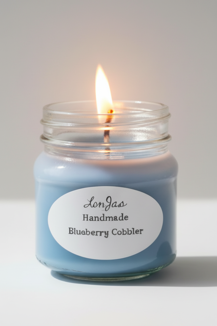 A pleasantly lit Lor’Jas Handmade ‘Blueberry Cobbler’ lightly scented soy wax candle in a glass jar with light blue wax and a gold metal lid, standing on a white surface against a light gray background.