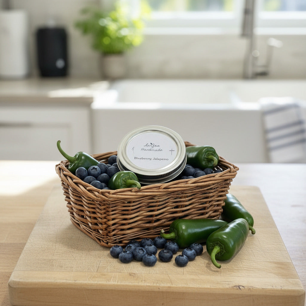 LorJas Handmade Blueberry Jalapeño pepper jelly in basket of fresh blueberries and jalapeños on wooden counterop with blurry kitchen background.