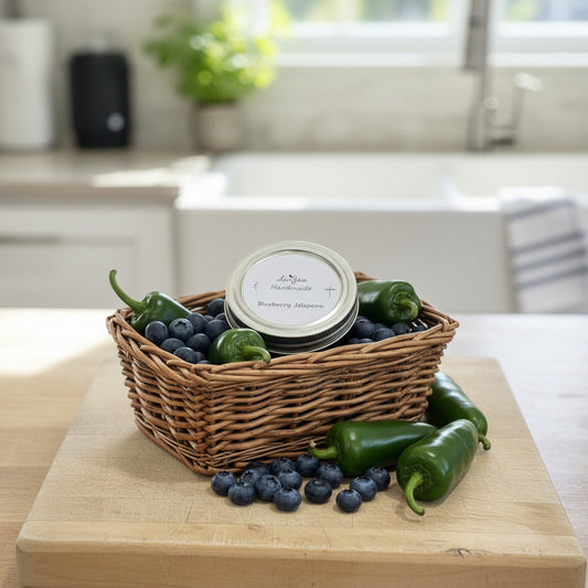 LorJas Handmade Blueberry Jalapeño pepper jelly in basket of fresh blueberries and jalapeños on wooden counterop with blurry kitchen background.