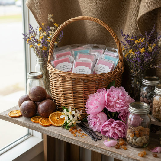 Pink Lorjas Handmade Bombshell Beauty melts in basket with fruits and flowers on a wooden tabletop by a window