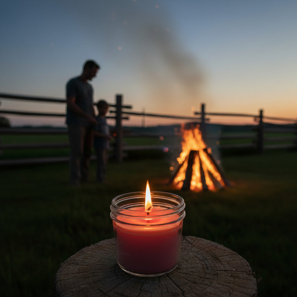 LorJas Handmade Bonfire lightly scented soy candle with a campfire and a father and son toasting mashmallows in the background during sunset.