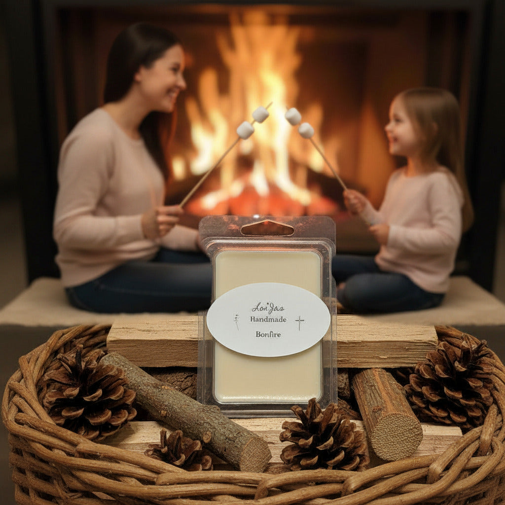 LorJas Handmade Bonfire lightly scented soy wax melt in basket with fire starter wood and pine cones in front of nice warming fireplace while a mother and daugher toast marshmallows.