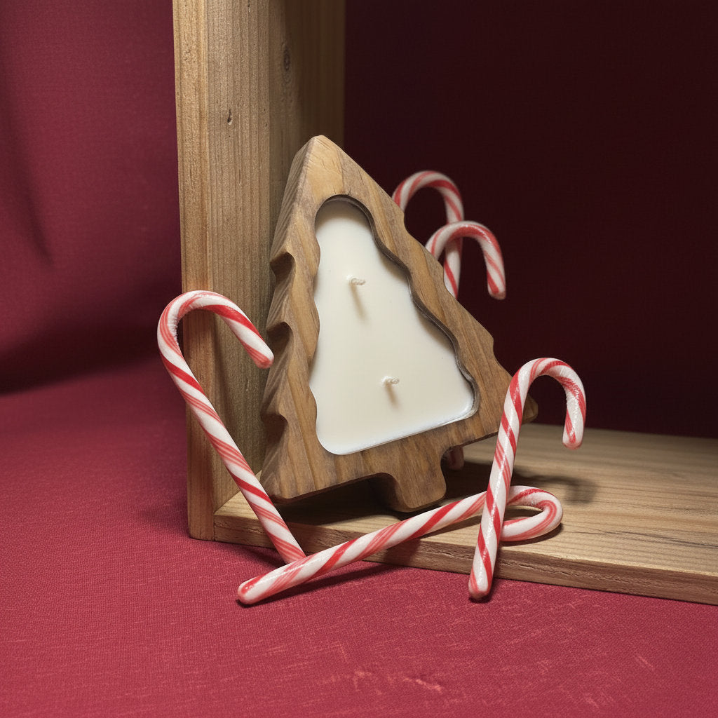 LorJas Handmade Candy Cane lightly scented organic white soy candle in a wooden Christmas tree shaped holder surrounded by candy canes on a red background.
