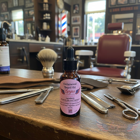 LorJas Handmade Cedarwood lightly scented beard oil in tonsorium.
