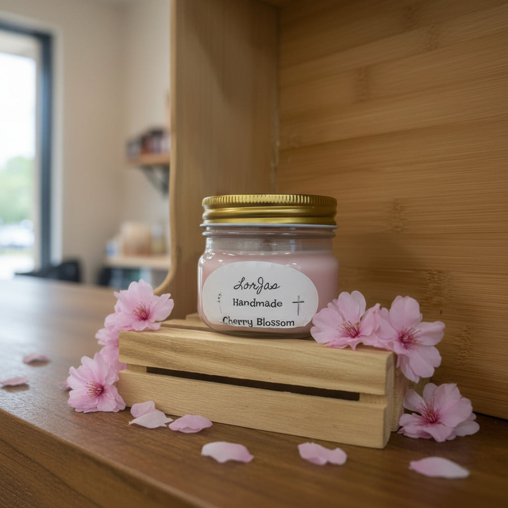 LorJas Handmade cherry blossom scented soy candle on a wooden stand with pink cherry blossom flowers around it.