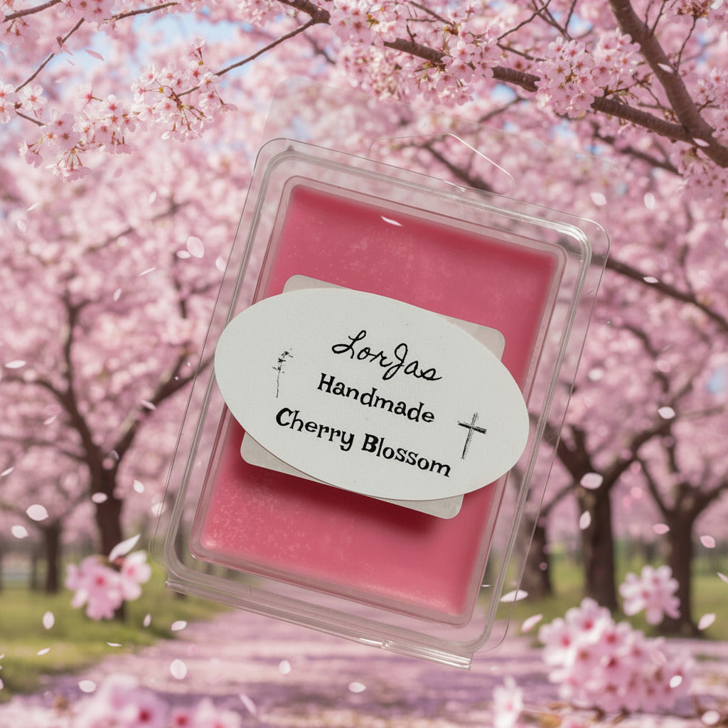 Pink LorJas Handmade Cherry Blossom lightly scented soy wax melt with  cherry blossom trees in the background.