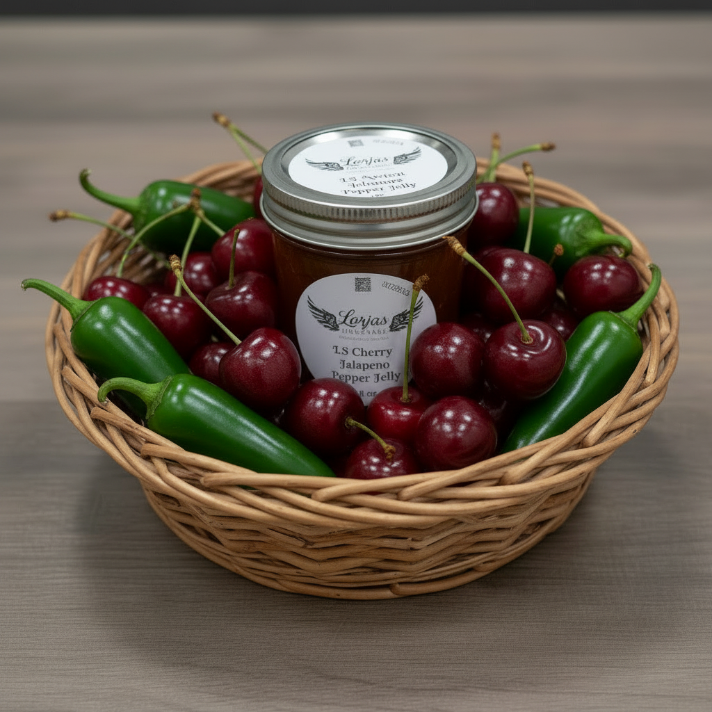 A wicker basket filled with red cherries, green jalapeños, and a glass jar of Lor’Jas Jalapeño Cherry Jelly, photographed on a gray wood surface.