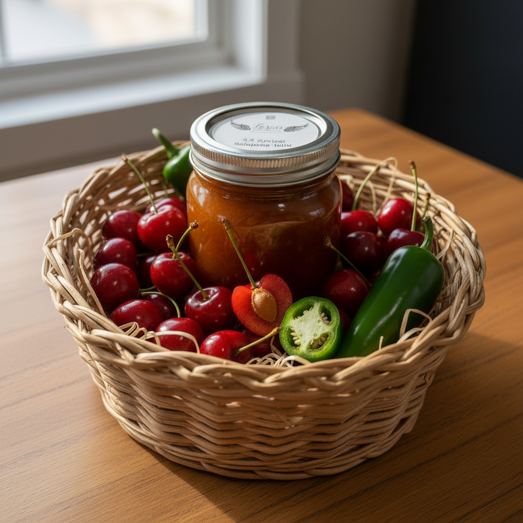 A wicker basket filled with red cherries, green jalapeños, and a glass jar of Lor’Jas Jalapeño Cherry Jelly, photographed on a wood surface in natural lighting.