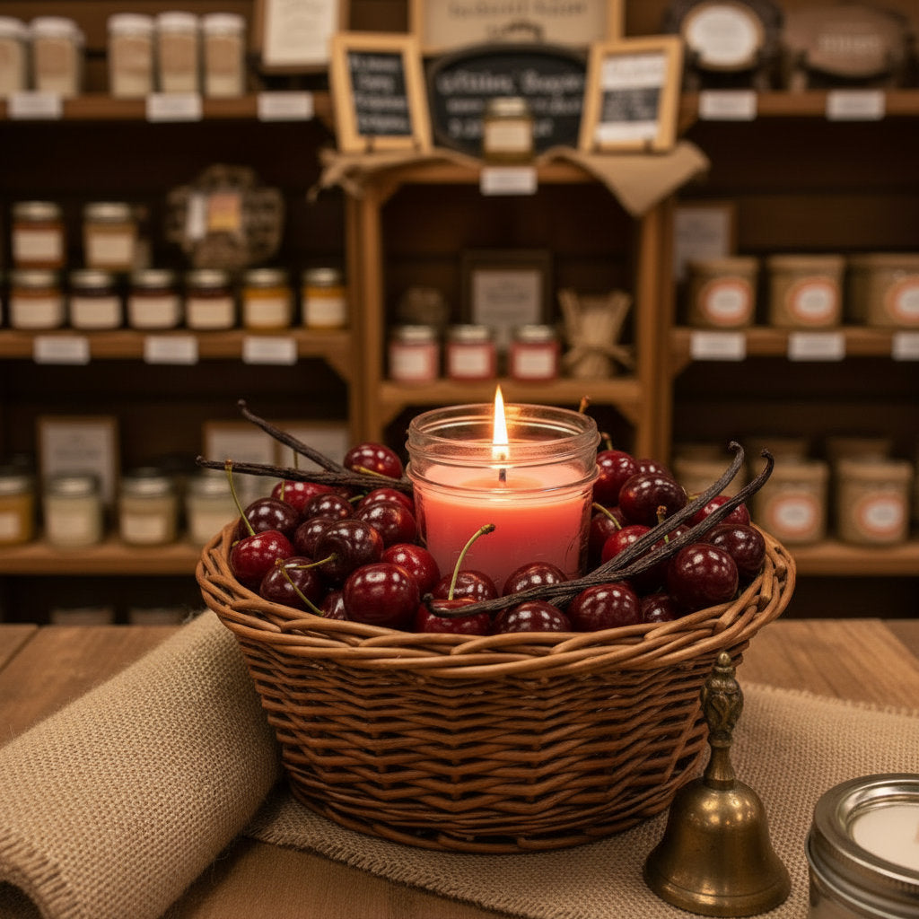 LorJas Handmade Cherry Vanilla lightly scented soy candle in a basket with cherries and vanilla beans in a country mercantile setting.