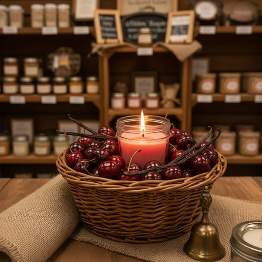 LorJas Handmade Cherry Vanilla lightly scented soy candle in a basket with cherries and vanilla beans in a country mercantile setting.