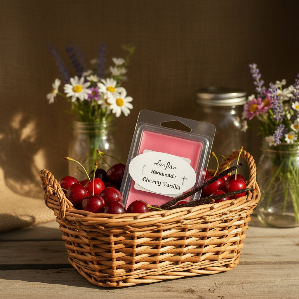 LorJas Handmade Cherry Vanilla lightly scented soy wax melt in a wicker basket with cherries and vanilla beans surrounded by flowers and jars on a wooden surface.