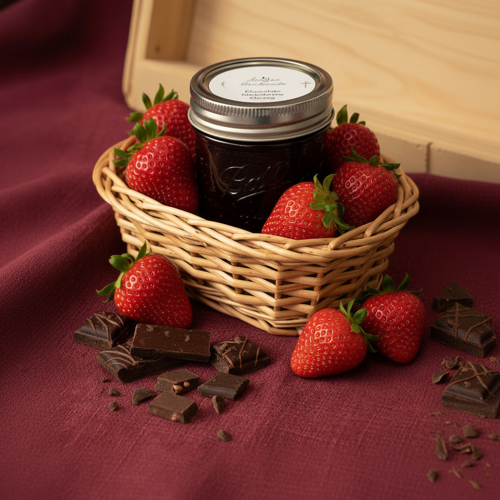 LorJas Handmade Chocolate Strawberry jelly in a small wicker basket with fresh strawberries and chocolate pieces on a red fabric background.