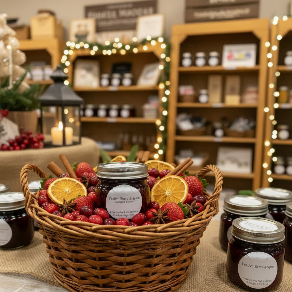 LorJas Handmade Christmas Jam in a wicker basket of fresh fruits and spices on a table with country mercantile shelves and decor in the background.