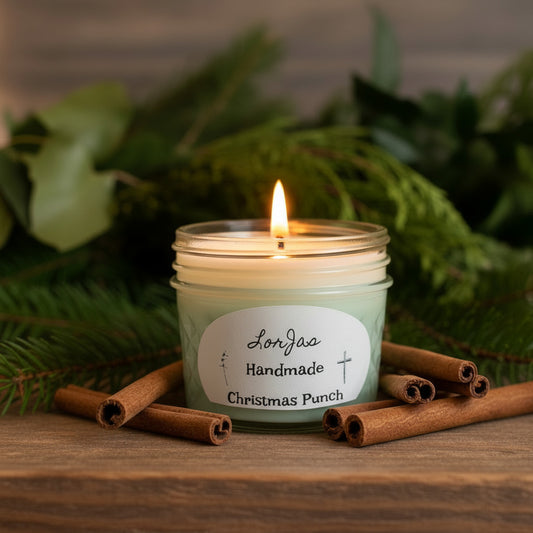 LorJas Handmade Christmas Punch lightly scented soy candle with cinnamon sticks and pine branches on a wooden surface.
