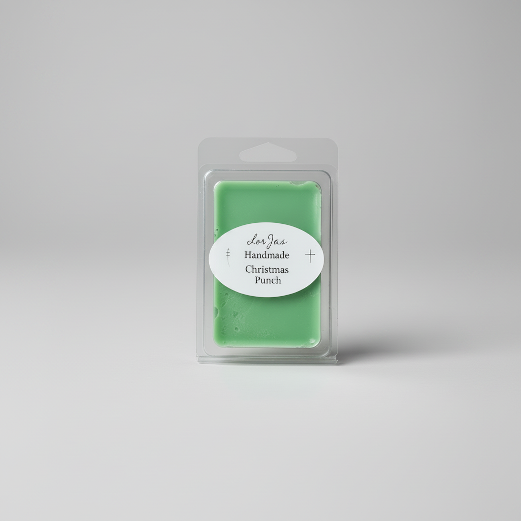 LorJas Handmade Christmas Punch  lightly scented soy wax melt with a gray studio background.