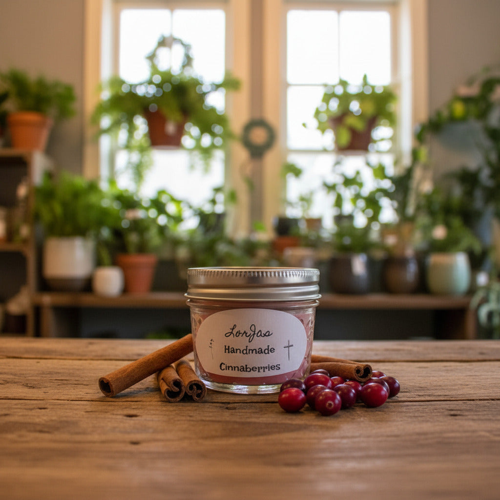 LorJas Handmade Cinnaberries four ounce lightly scented soy candle with fresh cinnamon sticks and ripe cranberries on wooden countertop with blurred greenhouse backdrop.