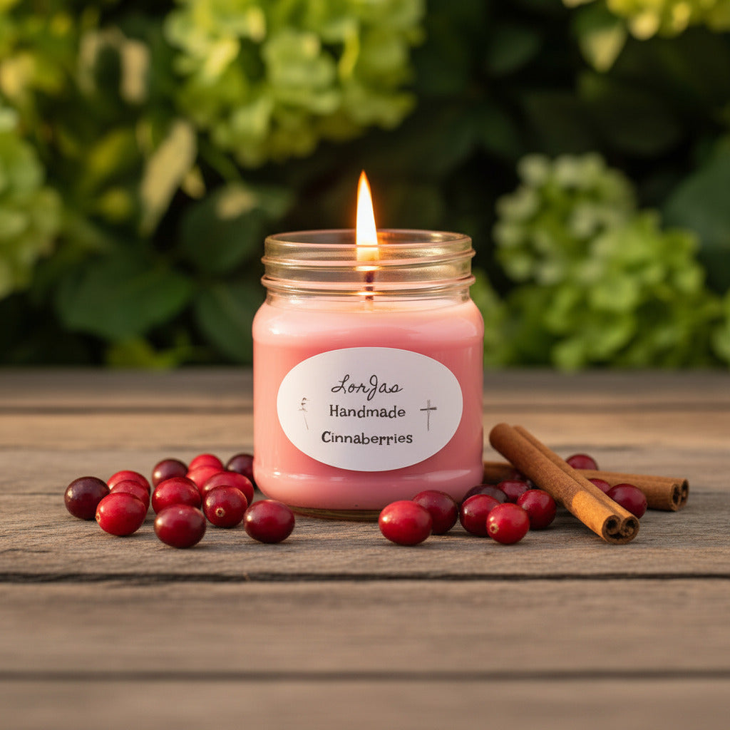 LorJas Handmade Cinnaberries eight ounce lightly scented soy candle with fresh cinnamon sticks and ripe cranberries on wooden countertop with blurred greenery backdrop.