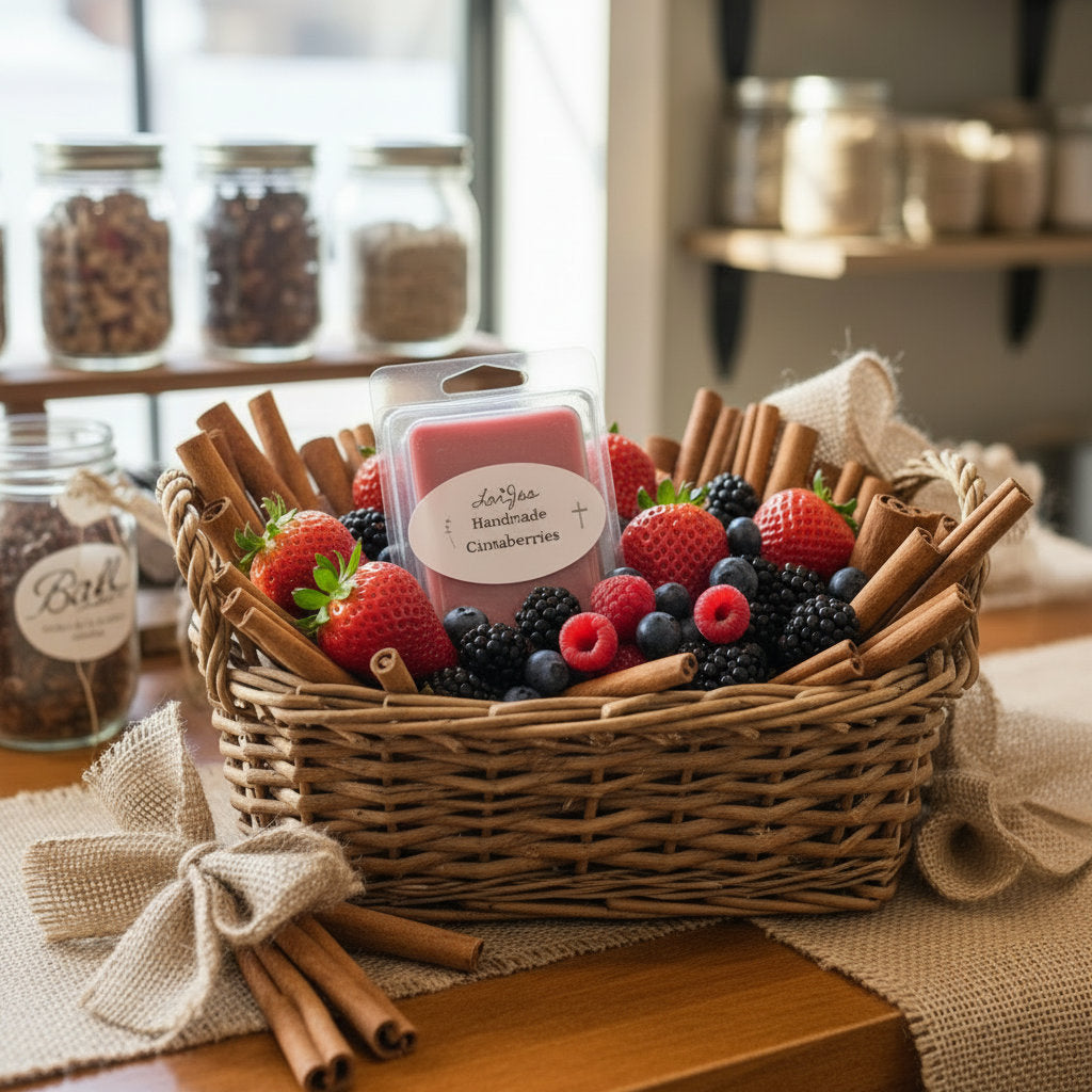 LorJas Handmade Cinnaberries lightly scented soy wax melt in a wicker basket with cinnamon and mixed berries on a wood counter in a country mercantile.