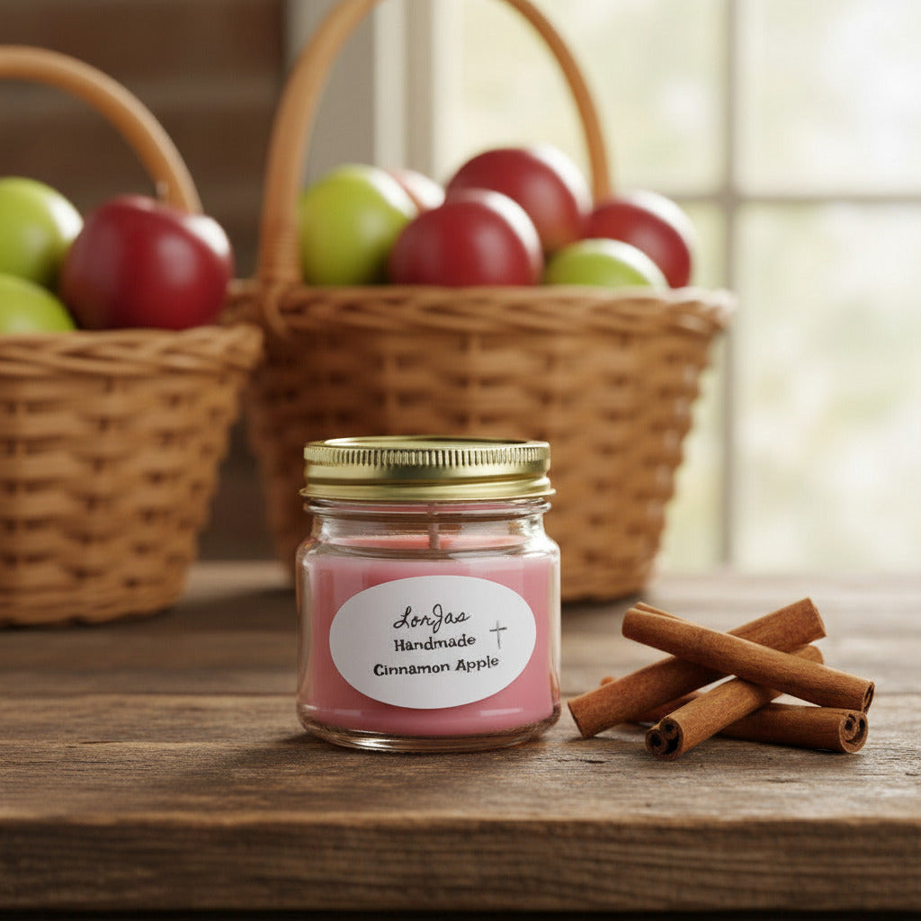 LorJas Handmade Cinnamon Apple lightly scented organic soy candle on a wooden surface beside fresh cinnamon sticks and baskets of apples in background.