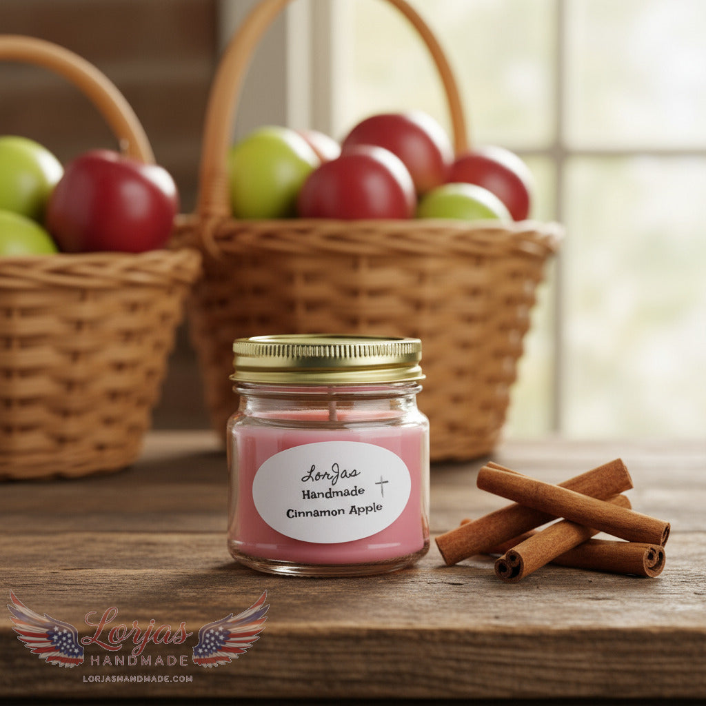Jar of 'Handmade Cinnamon Apple' with a label on a wooden surface beside cinnamon sticks with baskets of apples in background
