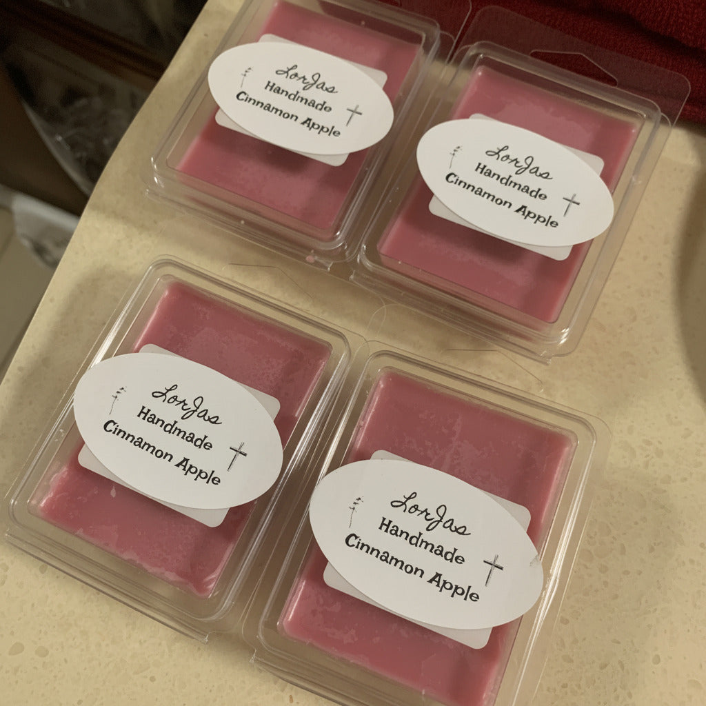 LorJas Handmade Cinnamon Apple lightly scented organic soy melts in brand packaging on beige table background.