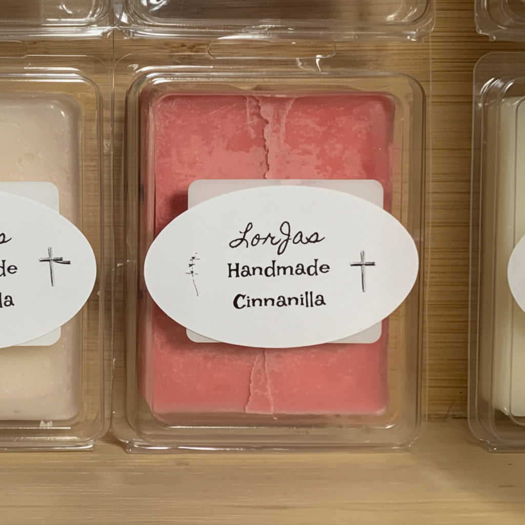 Lor'Jas Handmade Cinnanilla lightly scented soy melt on a wooden surface with other melts.