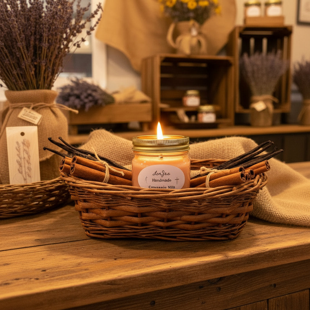 LorJas Handmade Cinnapple Nilla lightly scented soy candle in a wicker basket with fresh cinnamon and vanilla beans on a wooden surface in a country mercantile.
